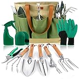 YAUNGEL Gartenwerkzeug Set, 10 Stück Schwerlast Edelstahl Gartenarbeit Kit mit Non-Slip Holzgriff- Garten Geschenke Verpackung für Frauen Männer, Grün